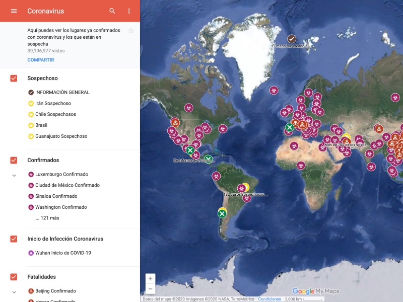 Mapa de Google de Casos confirmados del Virus CODIV-19 Corona virus Ecuador